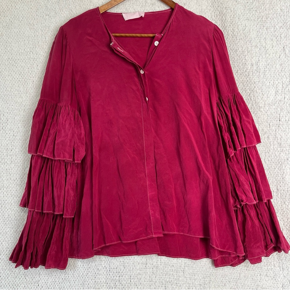 CO Collection Silk Pink Poets Blouse Tiered Ruffle Sleeves Flowy Swing Shirt M